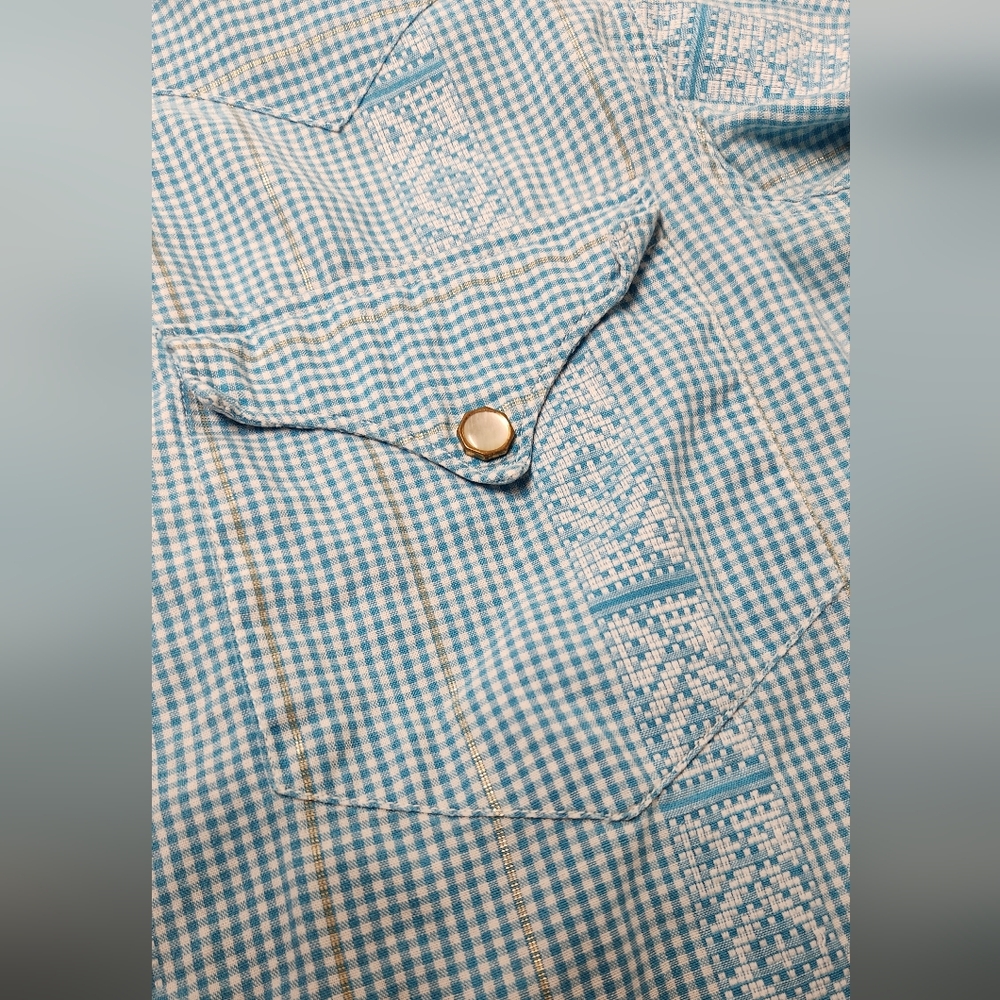Vintage H Bar C 50s Men's Cotton Gingham Check Pearl Snap Long Sleeve 15.5 - 33 - Picture 4 of 10